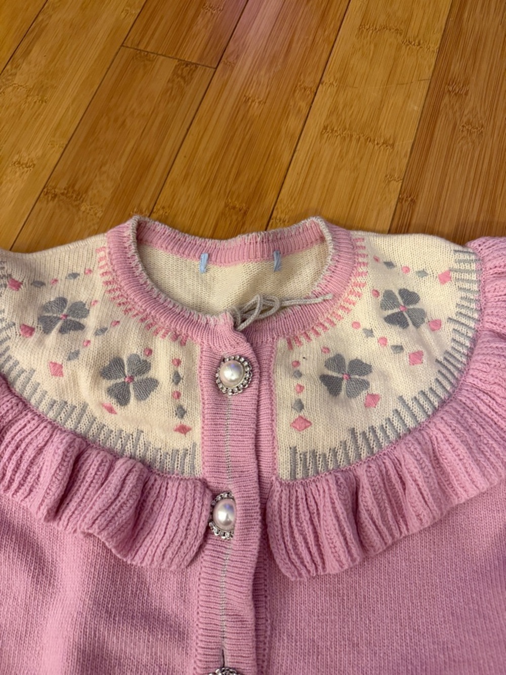 Hill House Pink Ruffle Yoke Cardigan with Cream Floral Knit - Picture 4 of 4